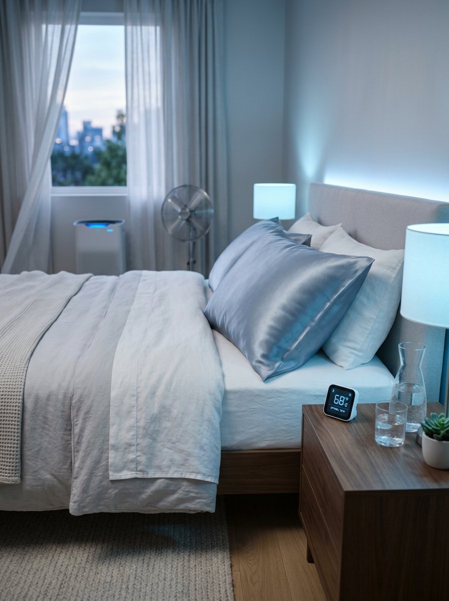 A wooden nightstand with a digital thermostat, water, and succulent beside a neatly made bed with silk pillows.
