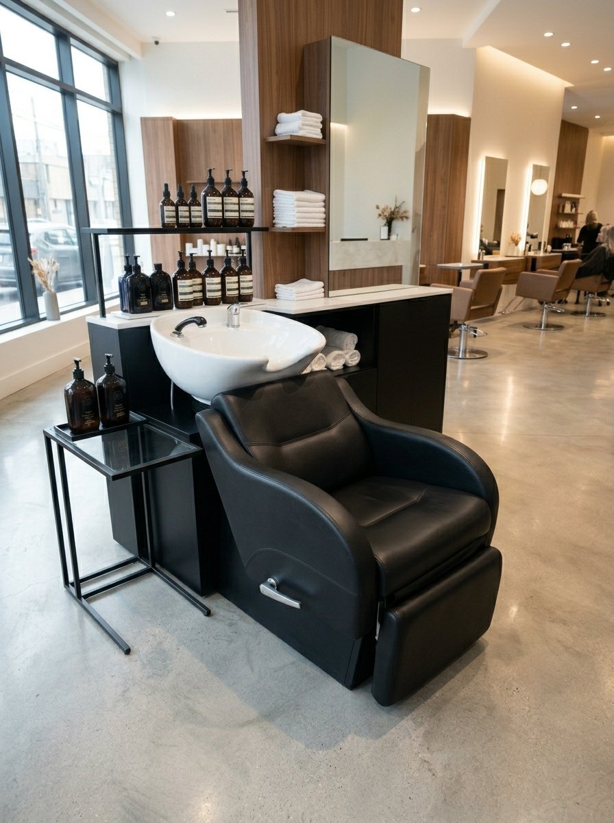 Professional black reclining salon chair and white hair washing sink in a minimalist, modern beauty salon.