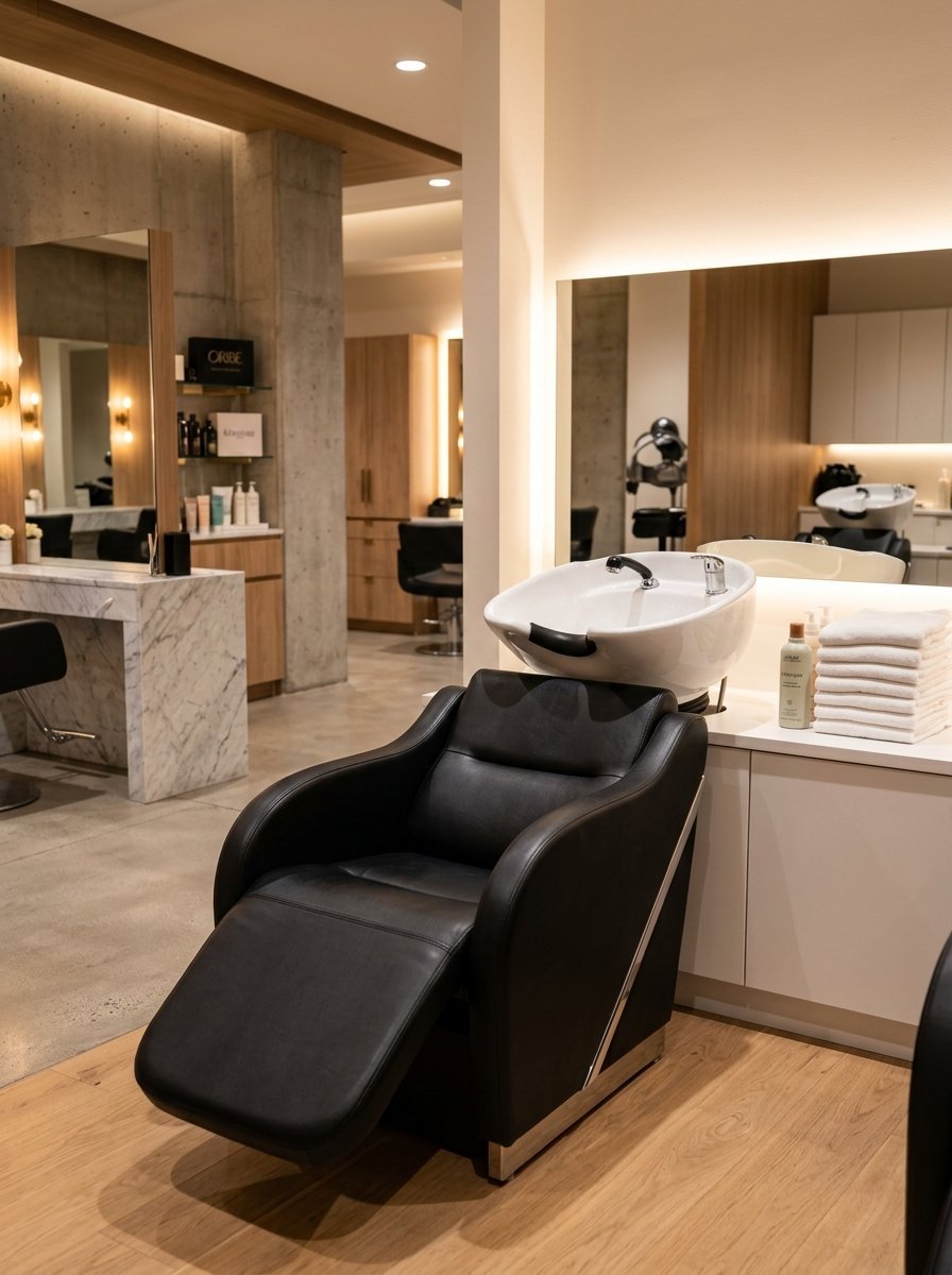 A reclining black salon chair positioned in front of a white hair washing sink in a clean, modern beauty parlor.
