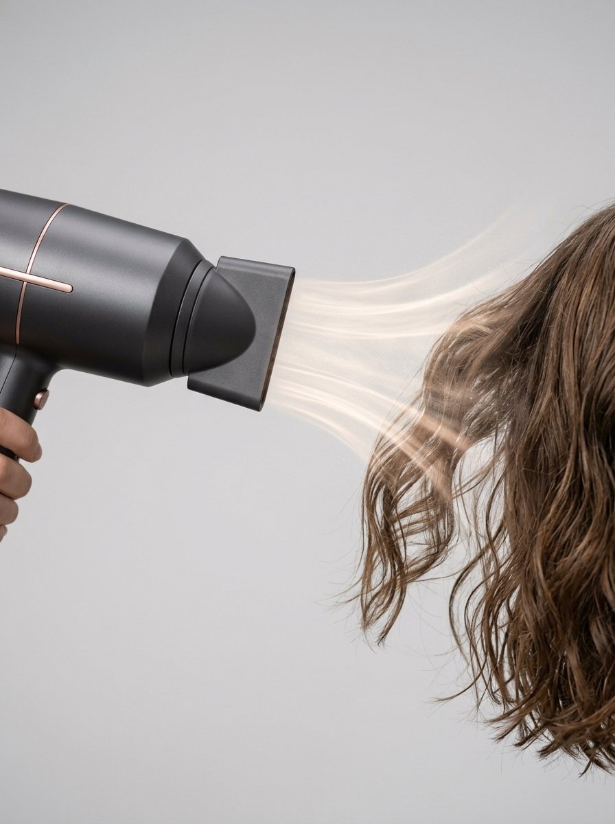 Close-up of a modern dark grey blow dryer blowing warm air onto brown wavy hair against a light background.