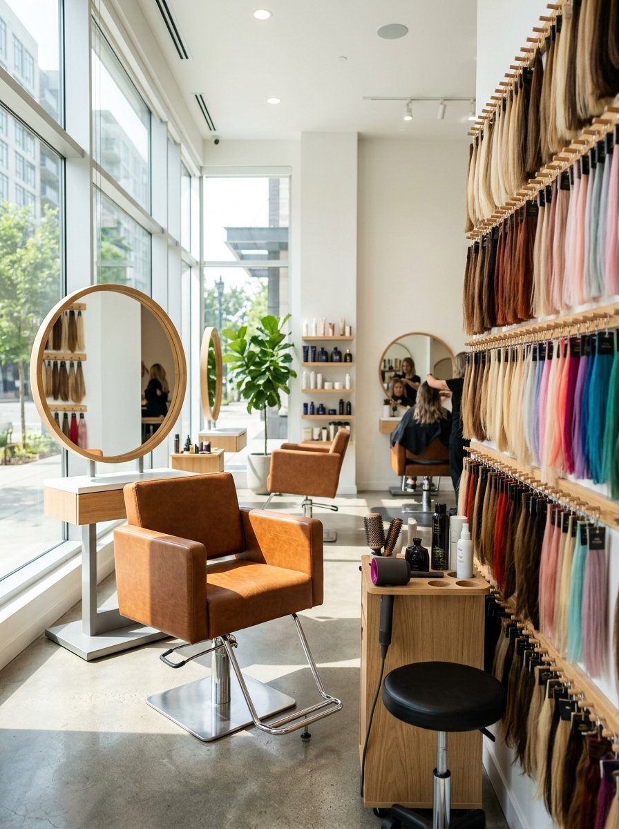 Professional salon featuring brown leather styling chairs and a wall display of various hair extension colors.