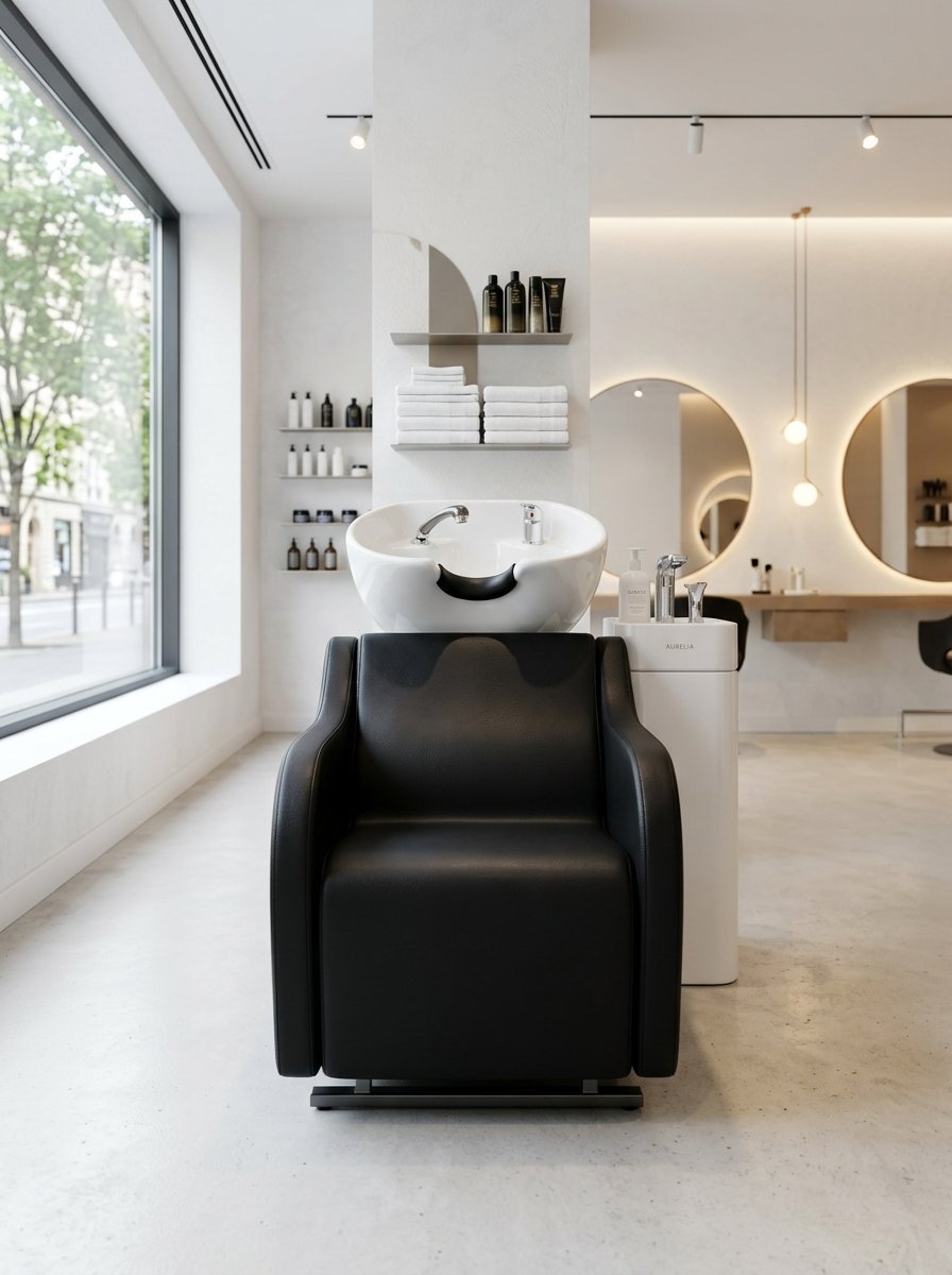 Professional hair salon shampoo station with black chair and white sink in a bright, minimalist interior space.