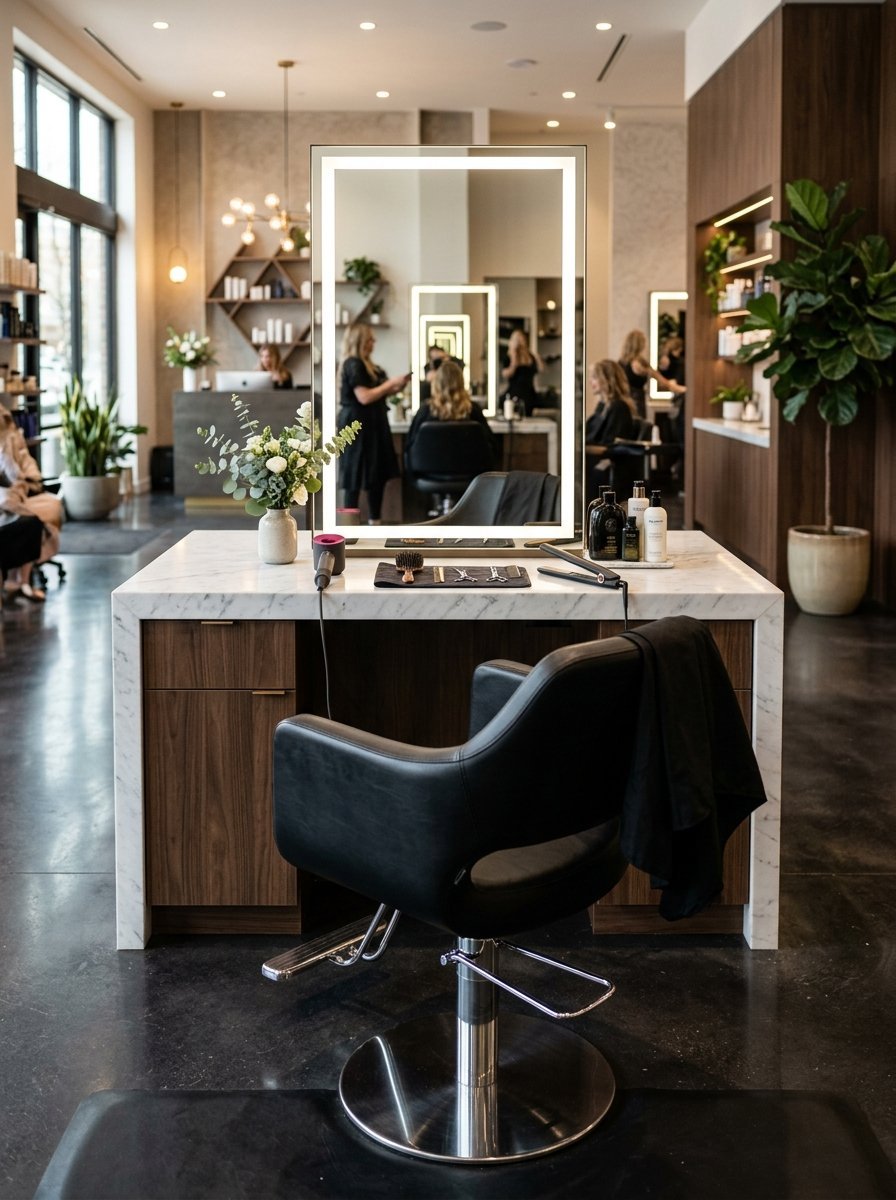 A black hydraulic chair faces a large LED-lit rectangular mirror on a white marble salon counter.