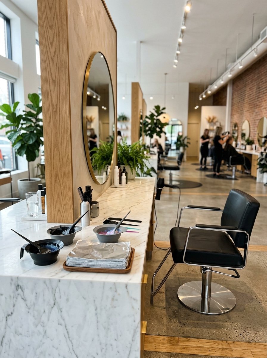 Close up of a marble salon desk with hair dye bowls, foil sheets, and a black styling chair in a bright studio.