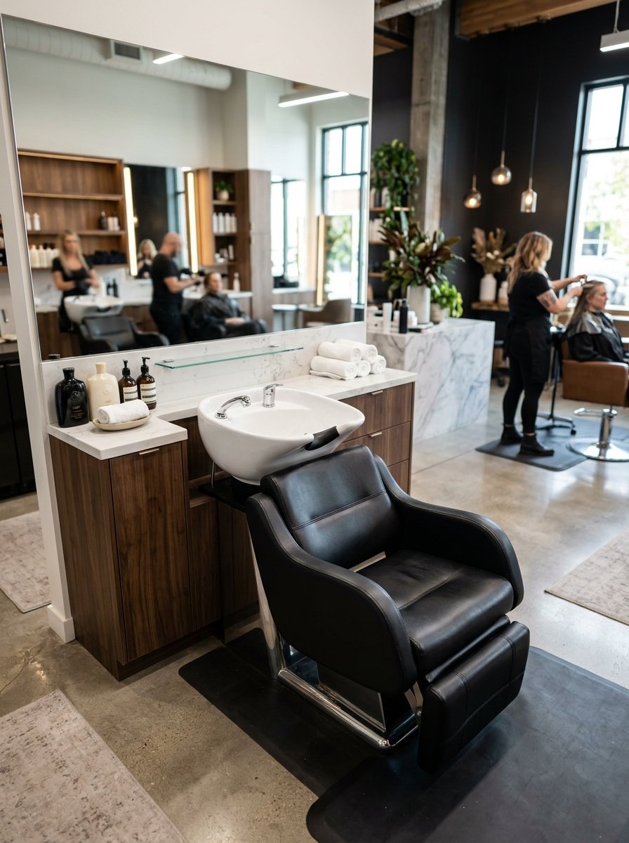 Professional salon shampoo sink and black reclining chair in a modern aesthetic space.