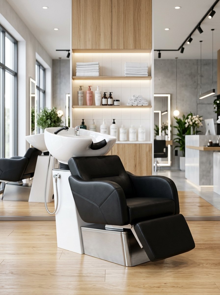 Black reclining shampoo station in a bright, modern hair salon with stocked shelves of hair products.
