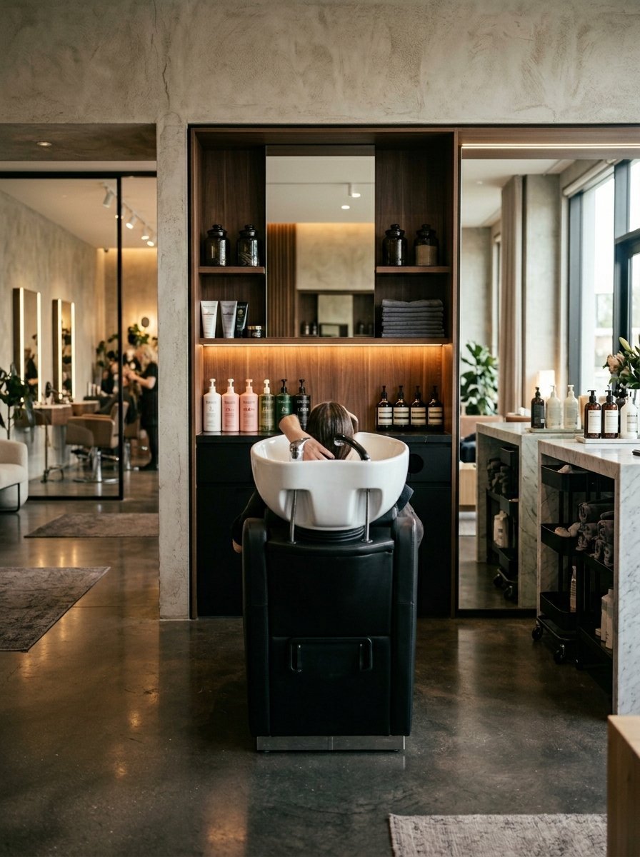 A customer sitting in a black shampoo chair at a wooden hair washing station in a high-end, minimalist salon.