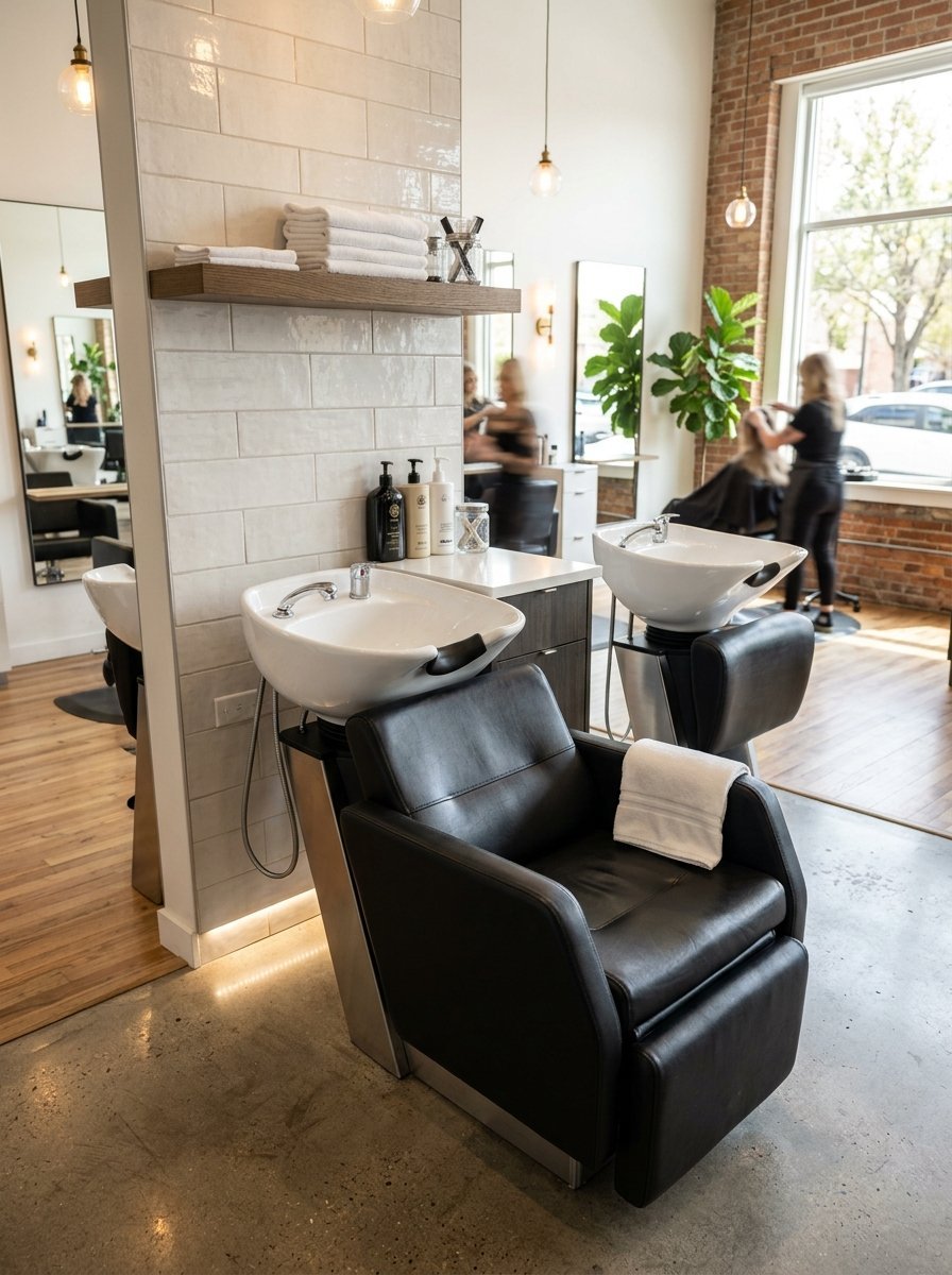 Two black leather hair washing chairs situated in front of a white tiled wall in a bright, modern hair salon.