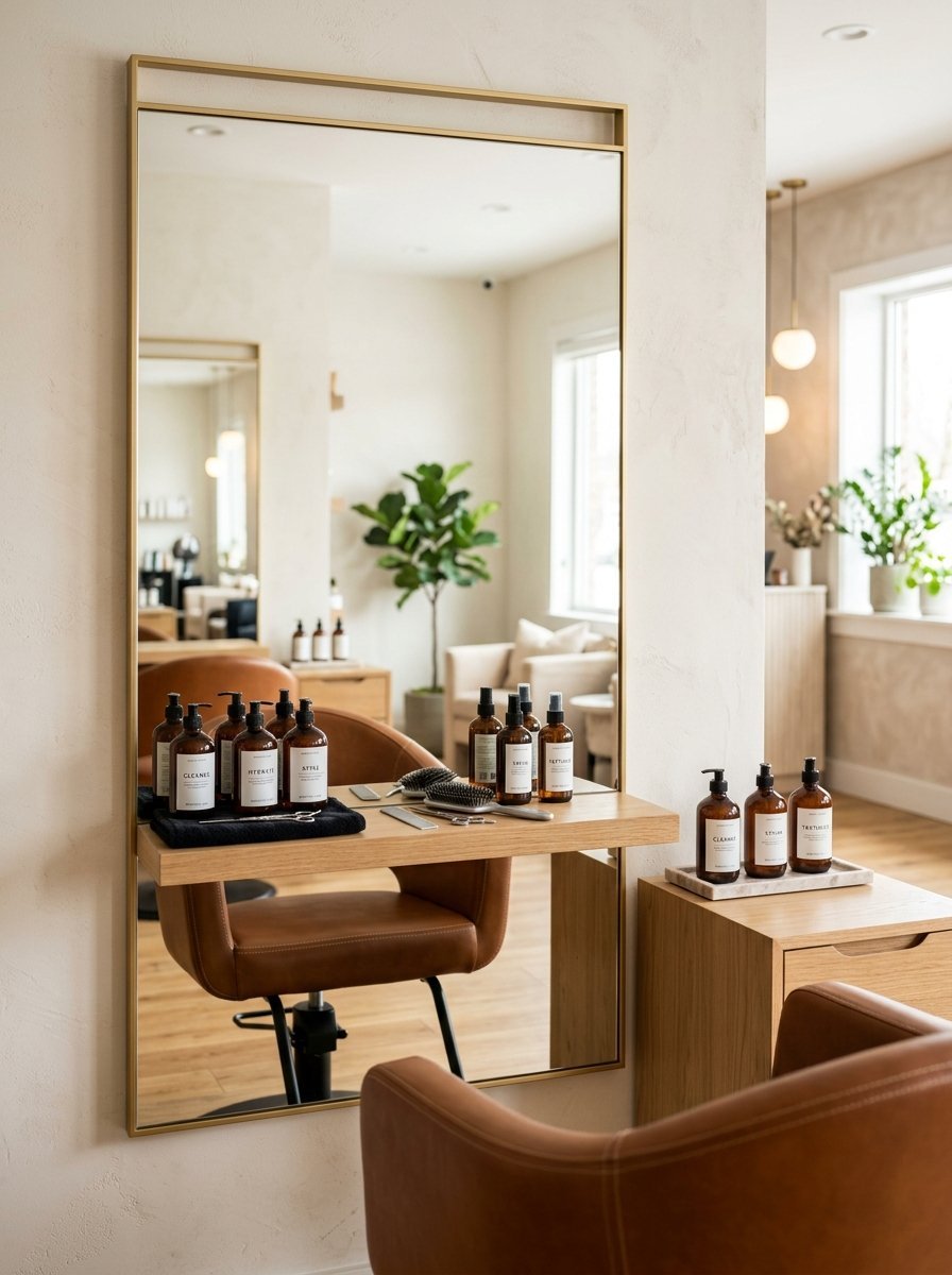 A gold-framed salon mirror reflects a brown leather chair, hair products on a wooden shelf, and a bright interior.
