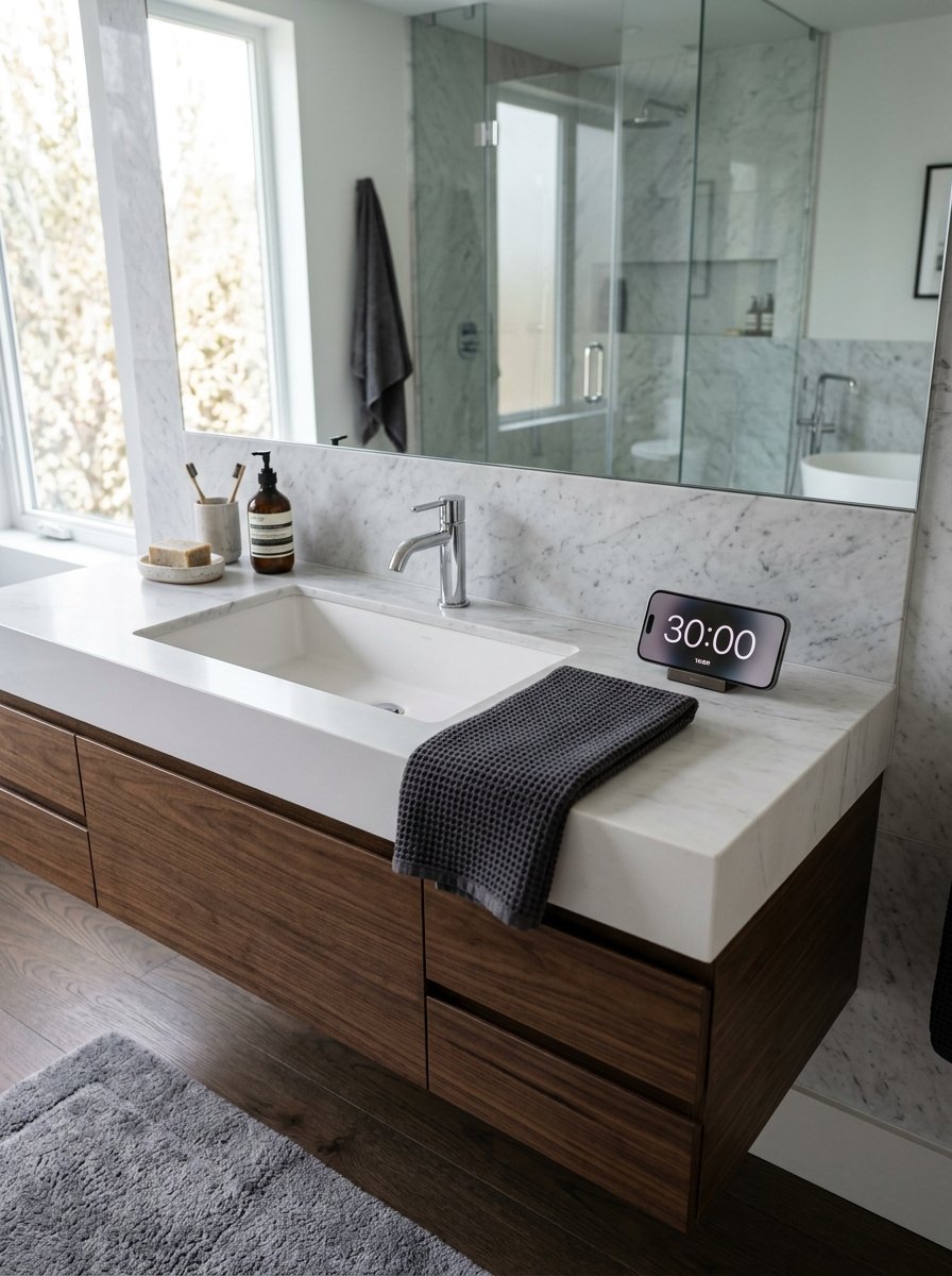 Floating wood vanity with white marble top and a phone showing 30:00 time in a minimalist bathroom.