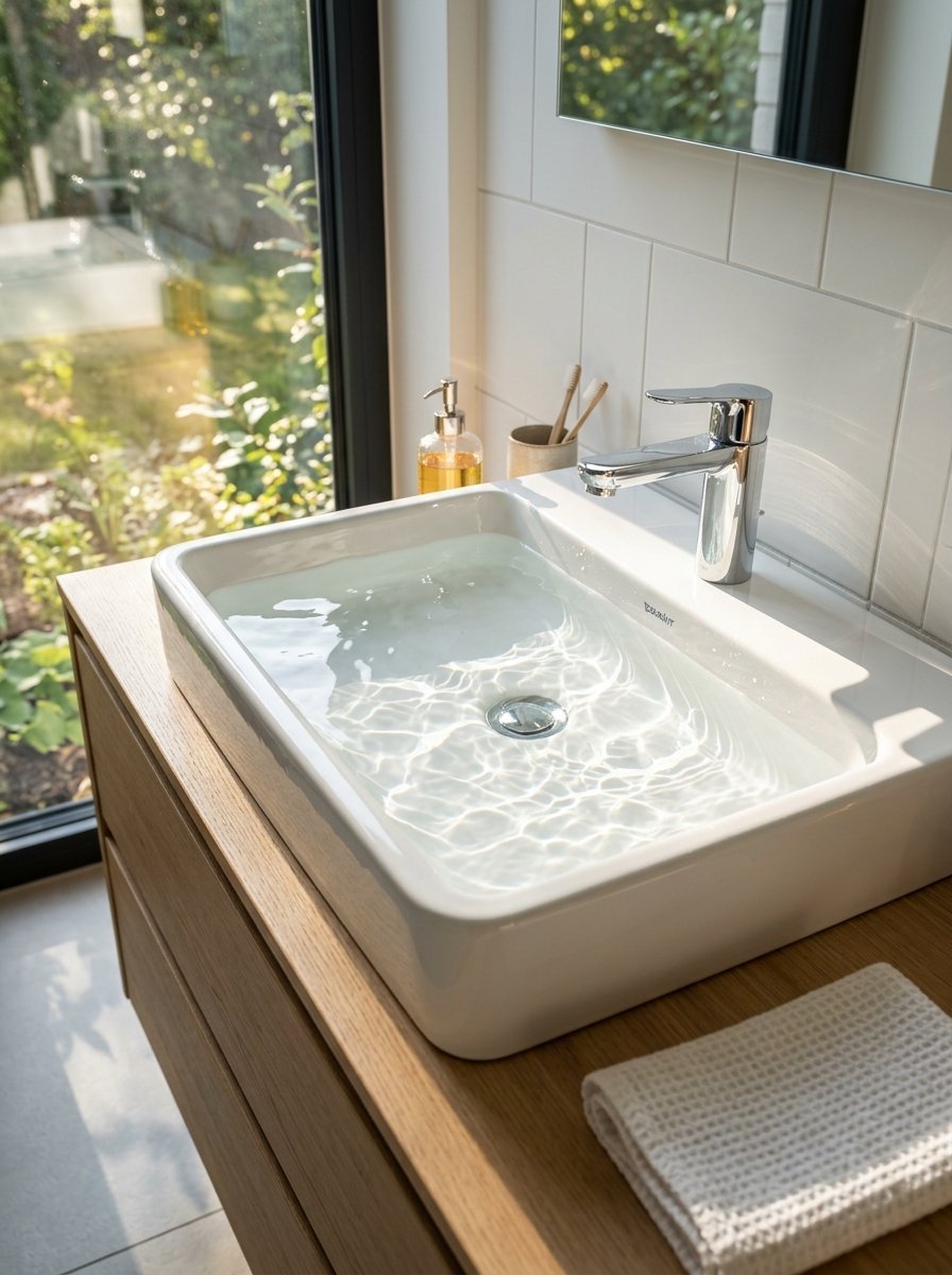 Close-up of a rectangular bathroom sink filled with water next to a window and a textured hand towel.