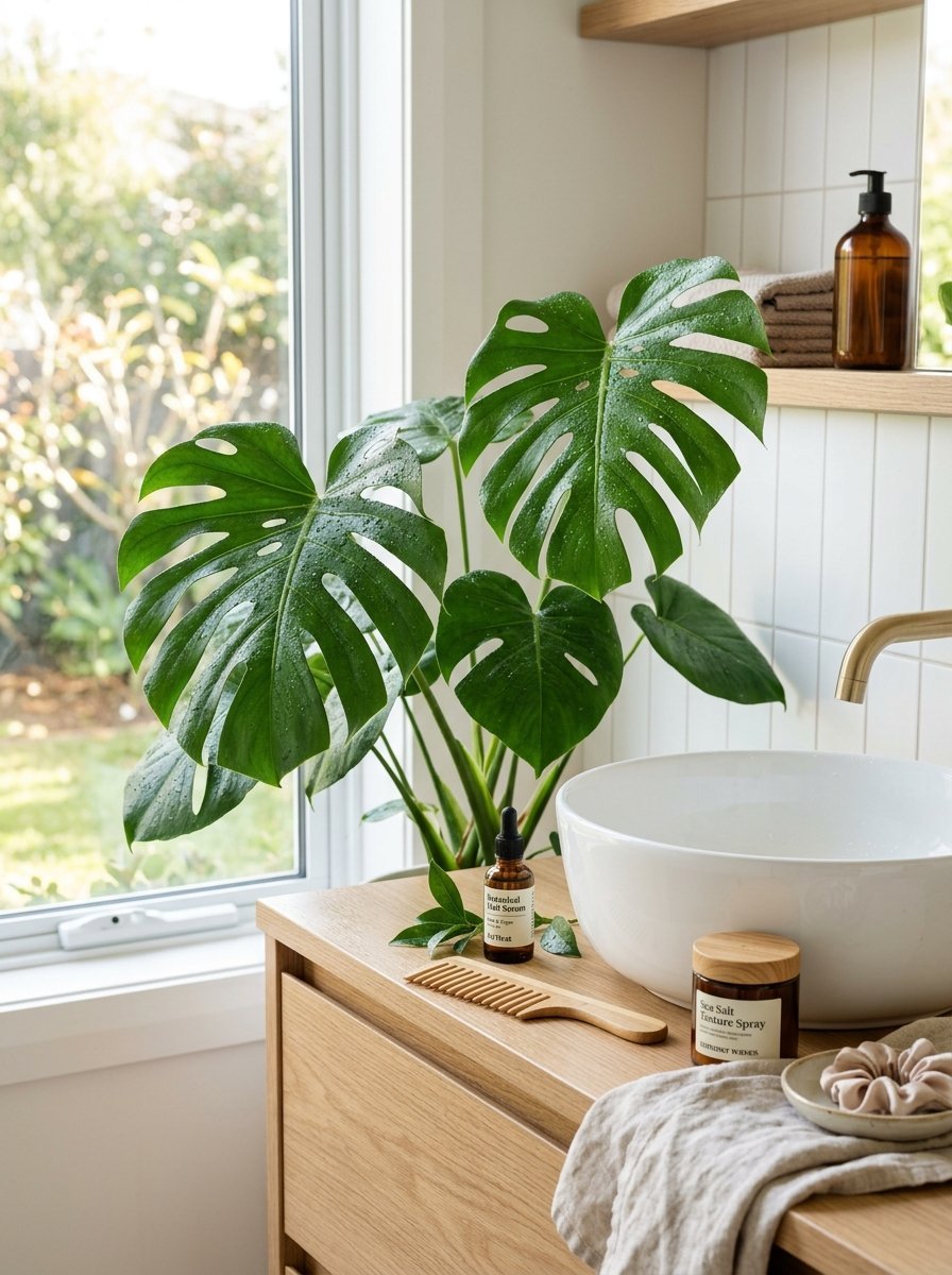A monstera plant sits on a wood vanity with hair care products and a linen towel beside a white ceramic basin.