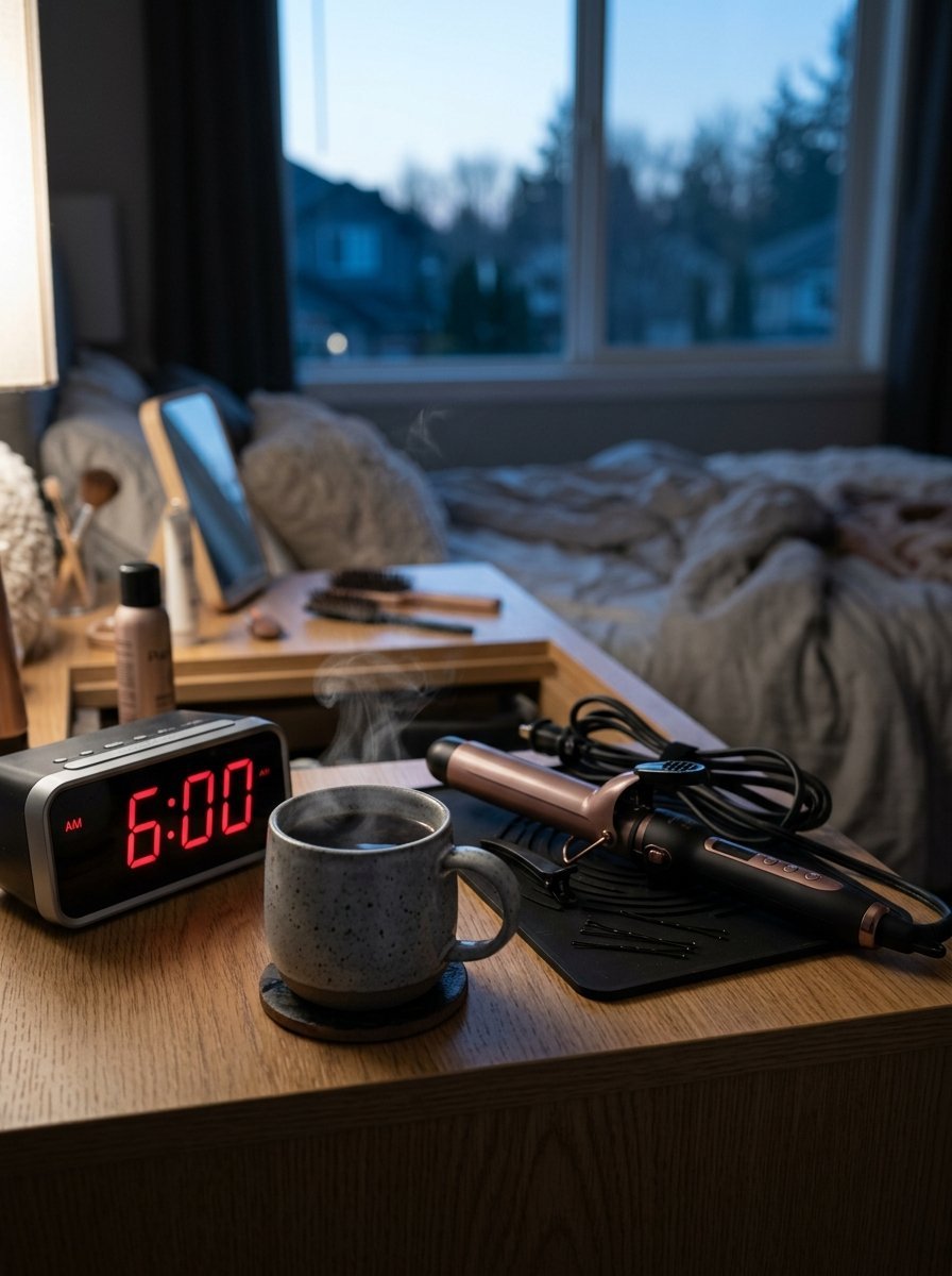 A digital alarm clock showing 6:00 AM next to a steaming mug and a curling iron on a wooden nightstand.
