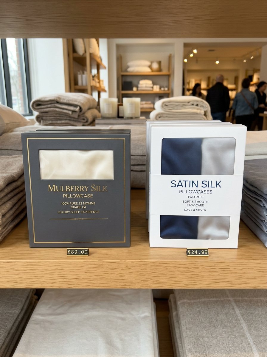 Two retail boxes of bedding pillowcases labeled Mulberry Silk and Satin Silk sitting on a wooden shelf.