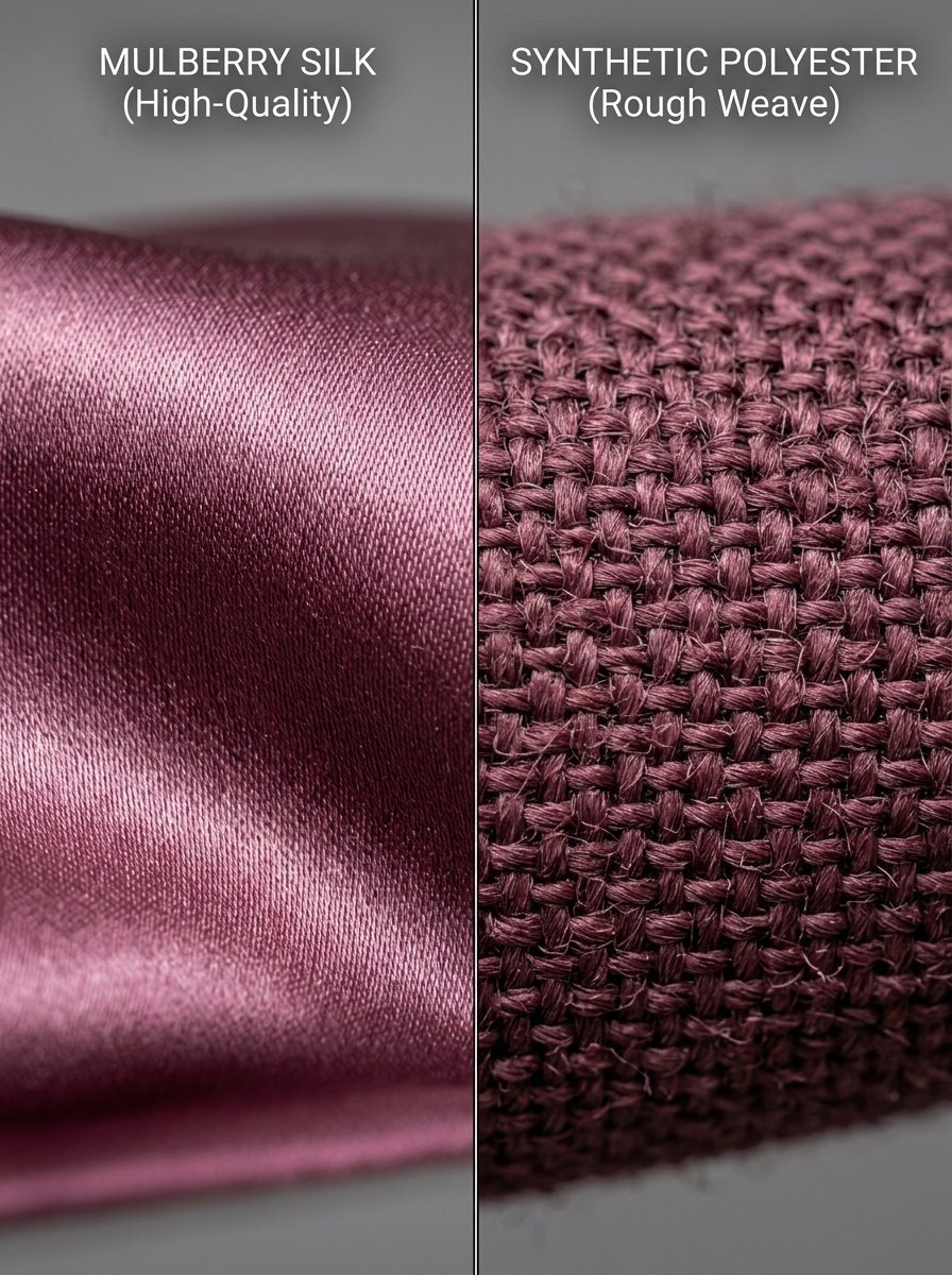 Split screen image showing the glossy surface of mulberry silk next to a coarse woven polyester fabric.