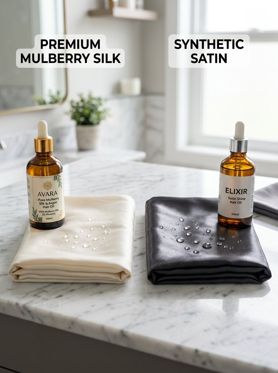 Comparison of hair oil bottles resting on cream silk and dark grey satin fabric with visible water beads.