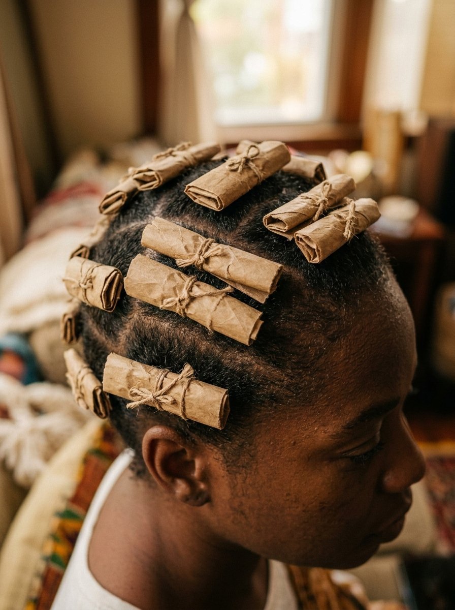 Close-up of a person with natural hair styled in sections using tied brown paper tubes as curlers.