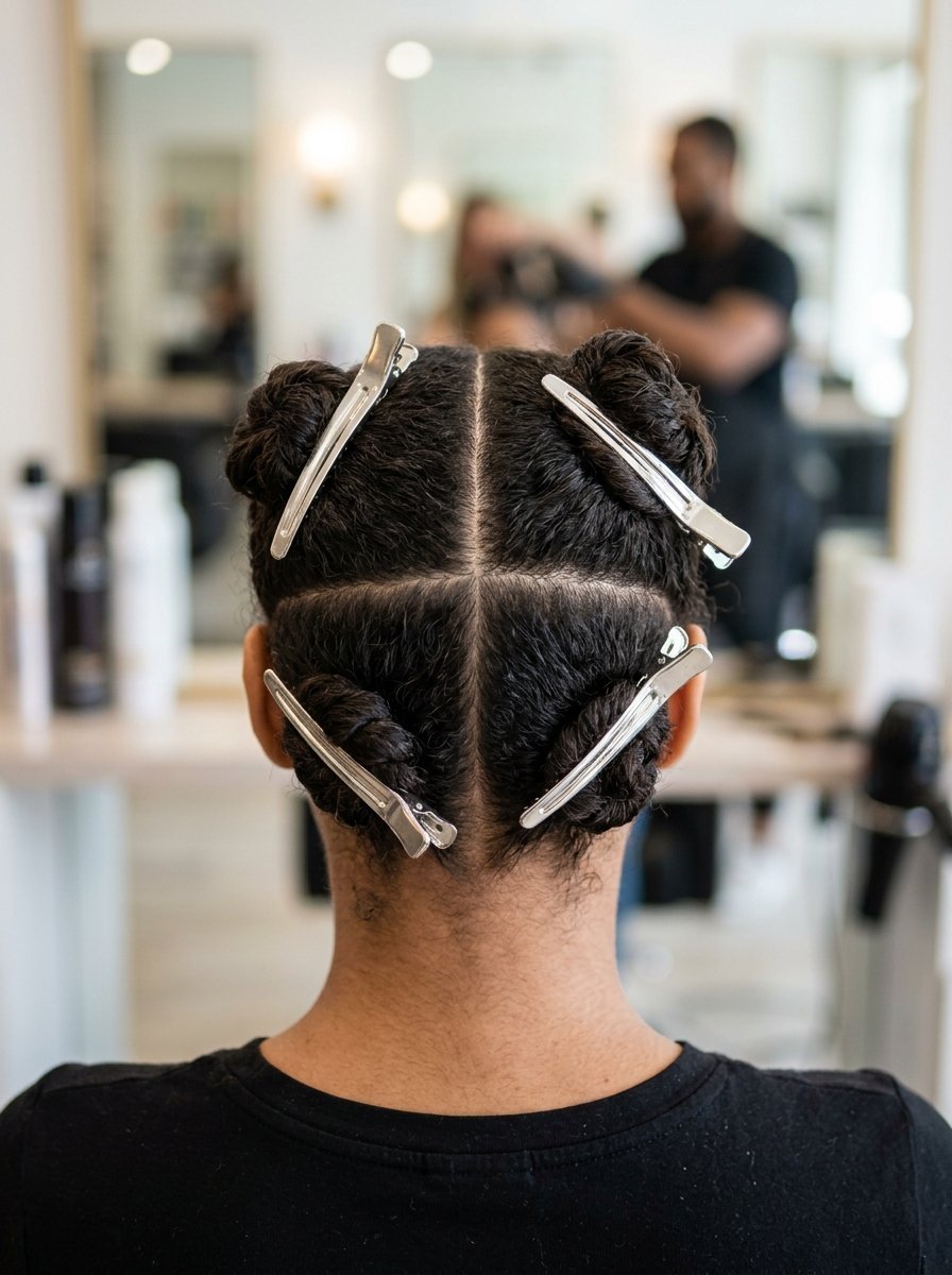 Back view of a person with curly hair divided into four sections using silver styling clips in a salon.
