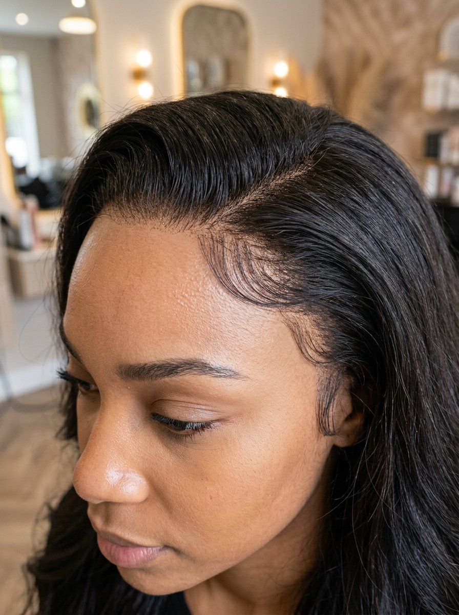 Close-up of a woman's forehead showing a seamless lace frontal hair installation with styled baby hairs.
