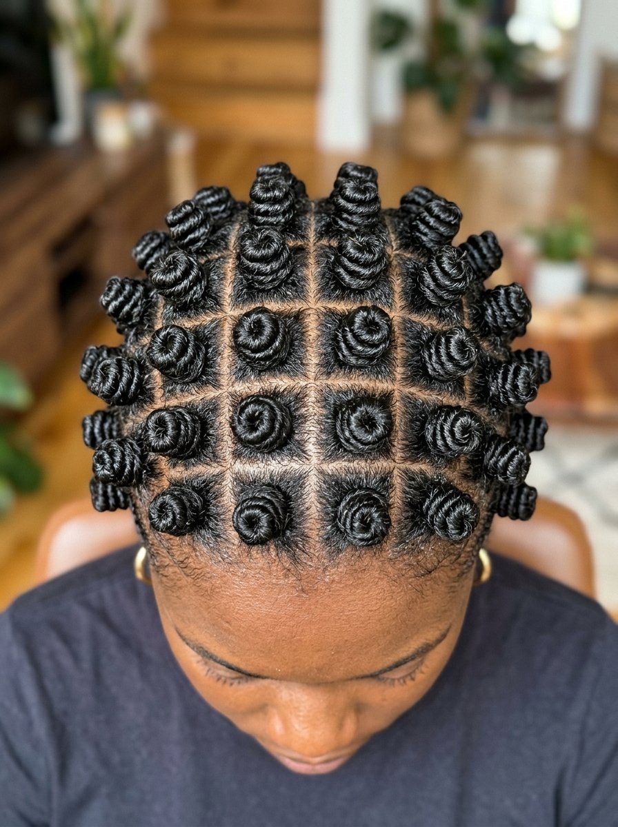 A person with dark hair styled in evenly spaced, small bantu knots with clean, straight geometric part lines.