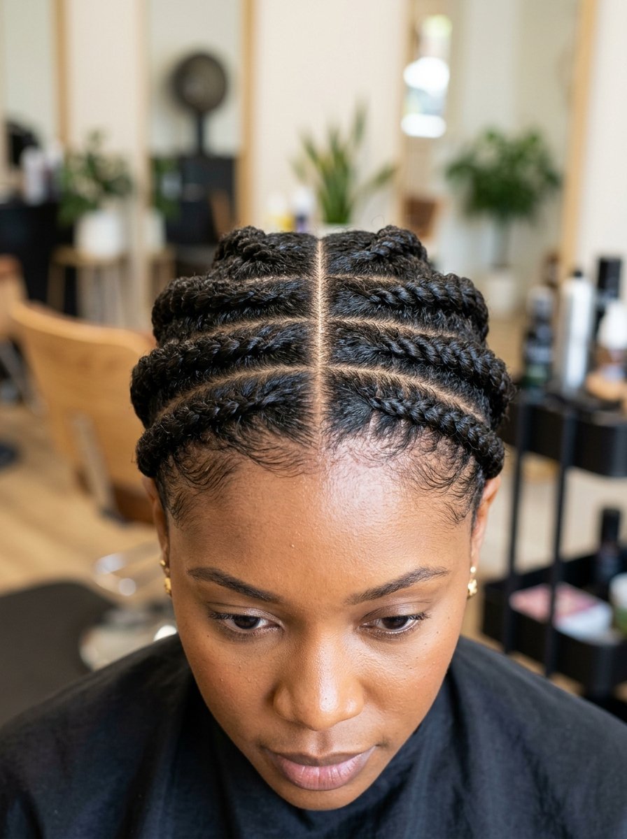 Close-up of a woman's head showcasing neat, symmetrical cornrow braids with a distinct center part.