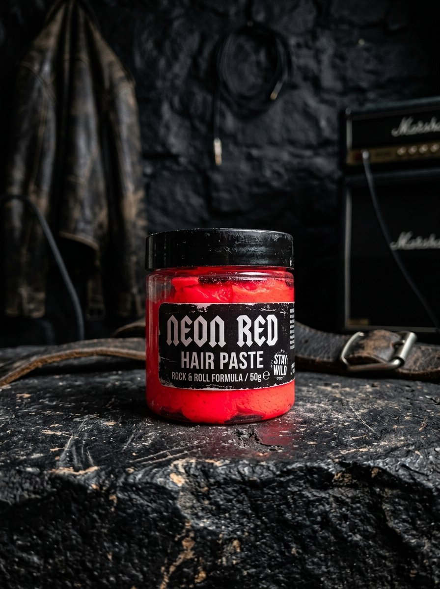 Close-up of a vibrant neon red hair styling product container sitting on a dark textured rock surface.