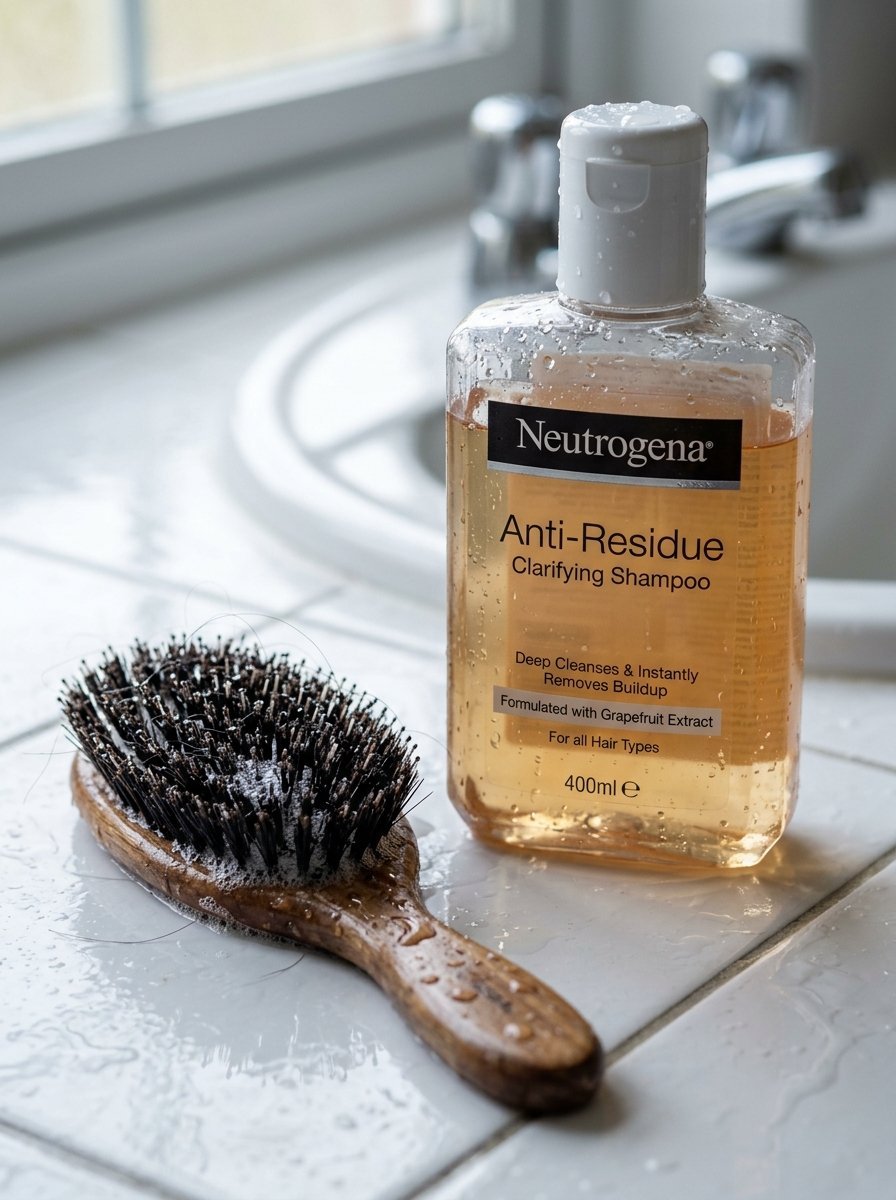 A bottle of clarifying shampoo sits on a wet bathroom counter beside a brush with a few stray hairs caught in bristles.