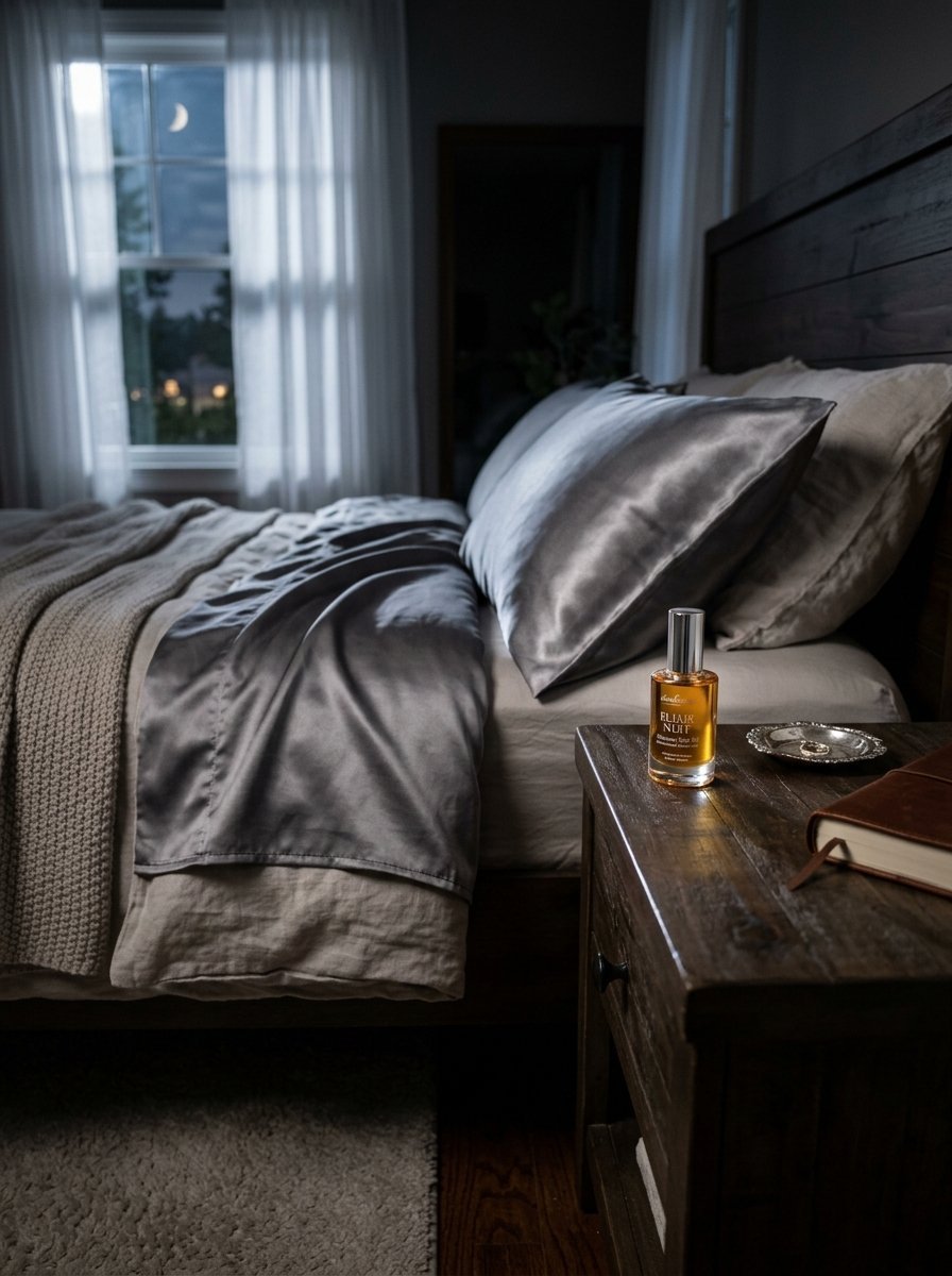 Perfume bottle and small dish sitting on a dark wood bedside table in a dimly lit bedroom at night.