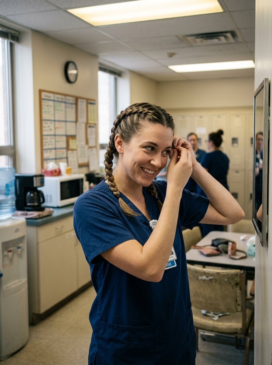 Young nurse with double French braids smiling while fixing her hair in a hospital staff breakroom.