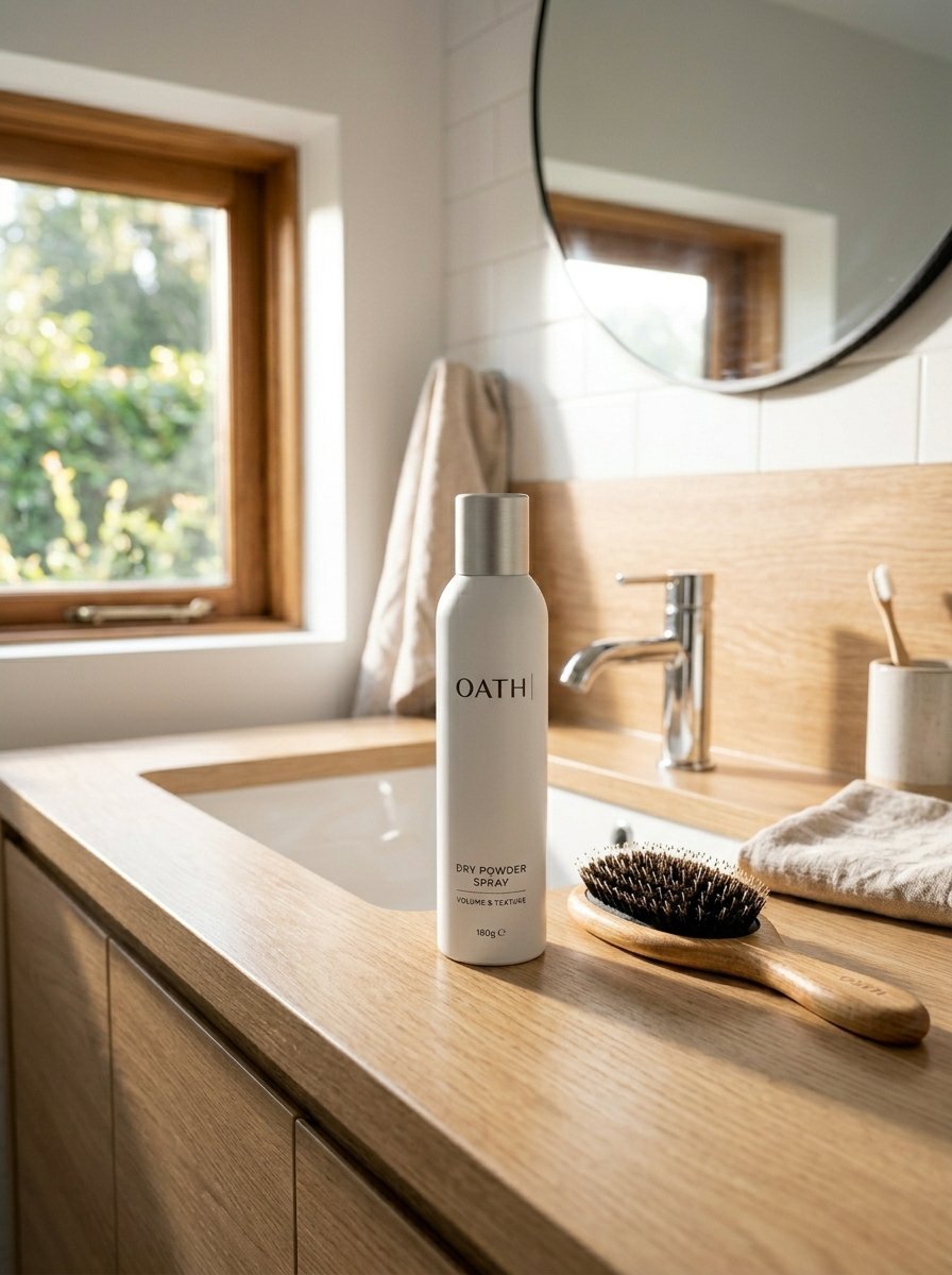 White Oath hair spray bottle sitting on a light oak countertop next to a wooden brush and bathroom sink.