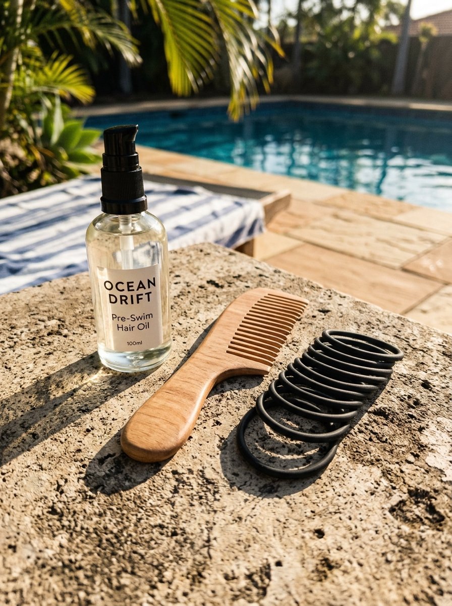 A bottle of Ocean Drift hair oil, a wooden comb, and black hair ties on a stone surface by a swimming pool.
