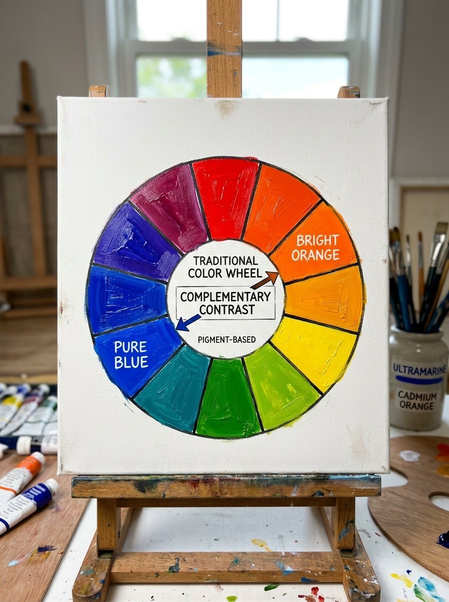 Artist canvas on an easel displaying a painted color wheel with blue and orange arrows illustrating contrast.