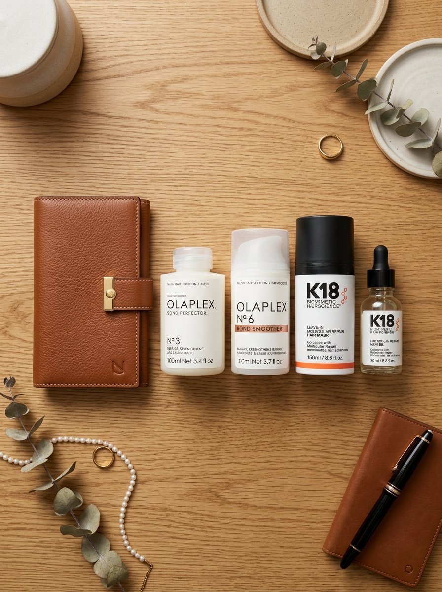 Olaplex and K18 hair care bottles arranged on a light wooden desk with a brown notebook and pen.