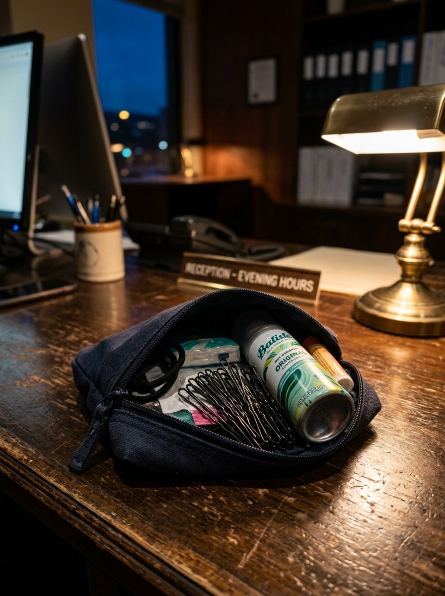 A dark blue zippered pouch containing hair pins and dry shampoo sits on a reception desk.