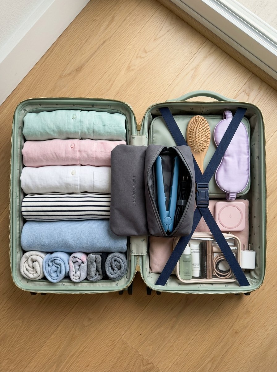 Top-down view of an open mint green suitcase filled with clothing rolls, travel accessories, and beauty products.