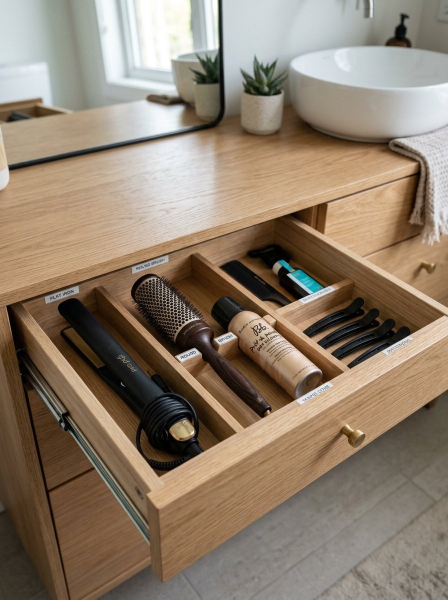 A wooden bathroom drawer with organizers holding a flat iron, round brush, hair spray, and clips.