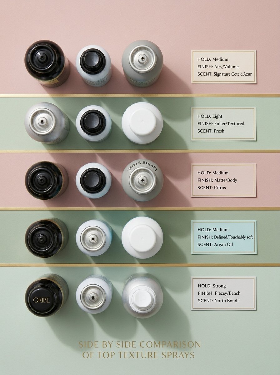 Top-down view of five rows of hair spray nozzles aligned next to descriptive cards on a two-tone background.