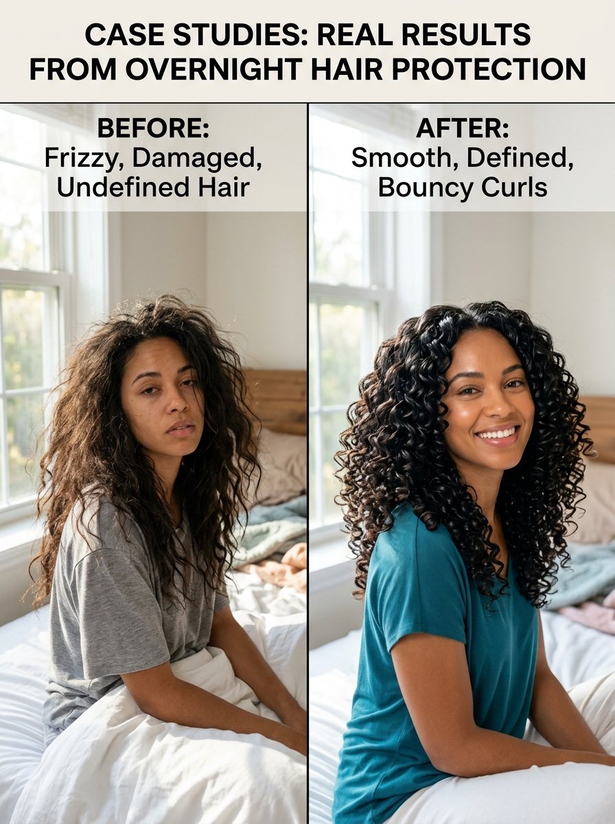 A side by side photo showing a woman with frizzy hair before and bouncy shiny curls after overnight protection.