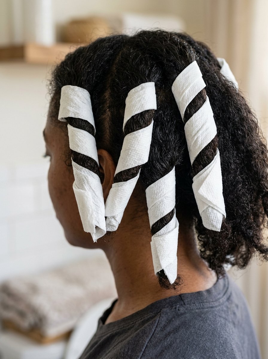 Side view of a person with natural dark hair wrapped in white paper towel strips for heatless curling.