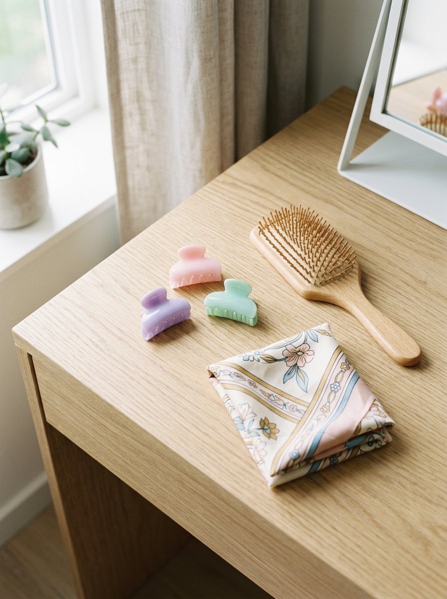 Three small colorful hair clips and a wooden hair brush sit next to a folded floral silk scarf on a wooden table.