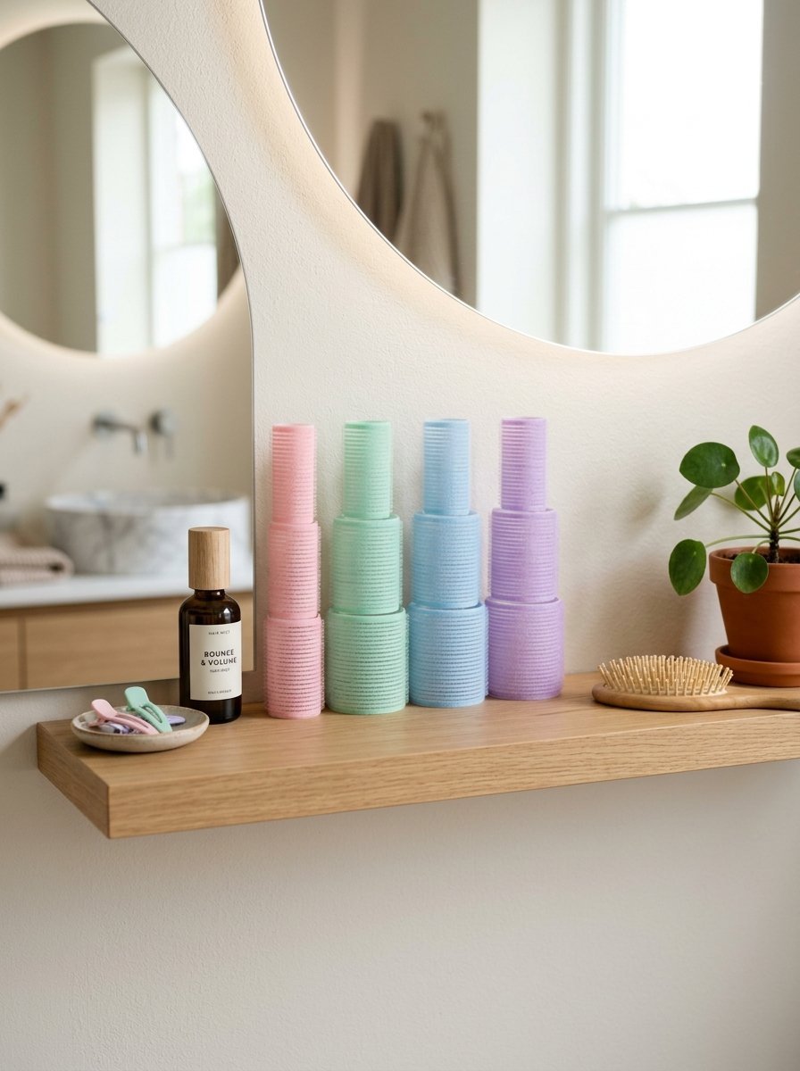 Stacks of pink, mint, blue, and purple hair rollers on a shelf with hair mist and a small plant.