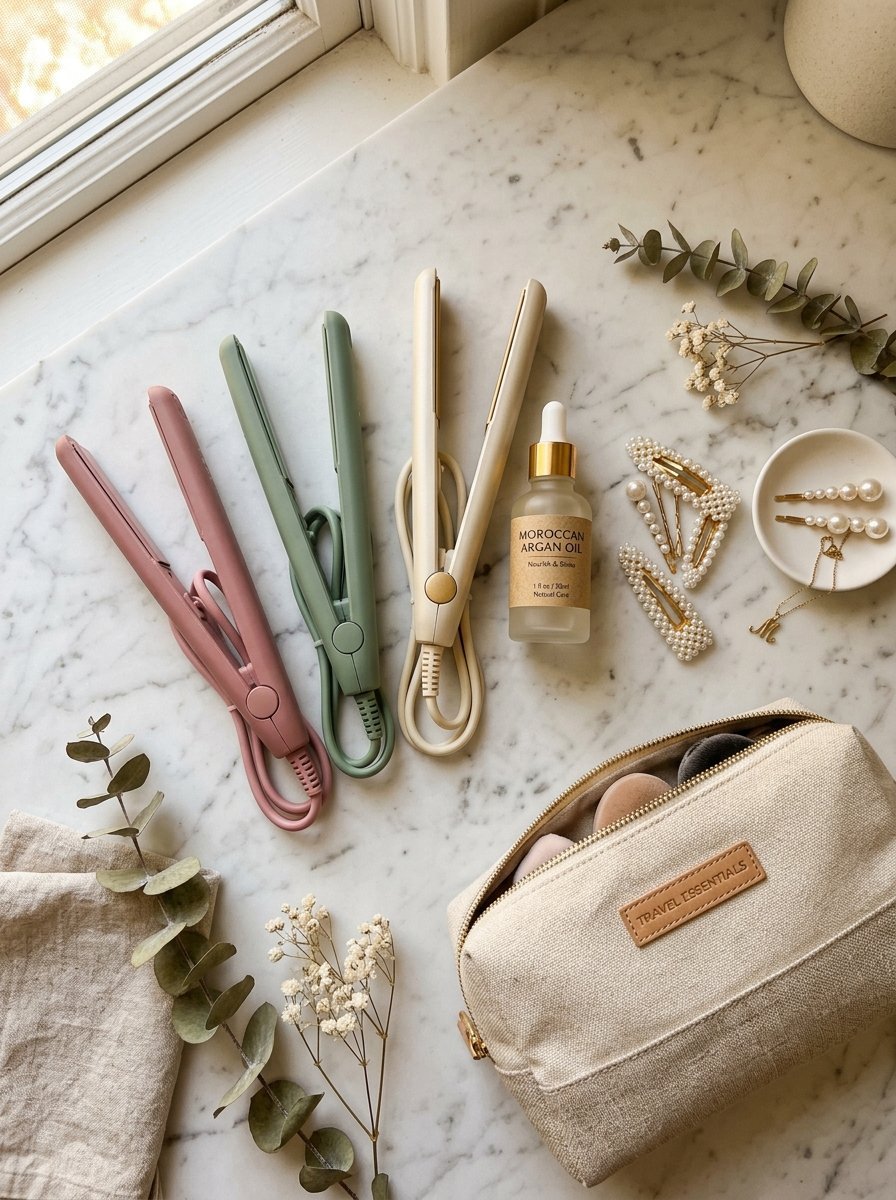 Pink, green, and cream hair straighteners displayed on marble next to argan oil, pearl clips, and a travel bag.