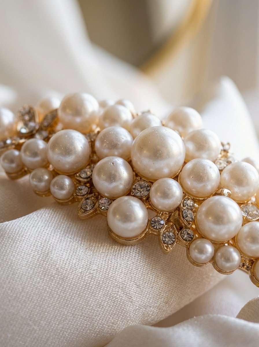 Close up of an ornate hair clip featuring faux pearls and small sparkling crystals on a soft satin background.