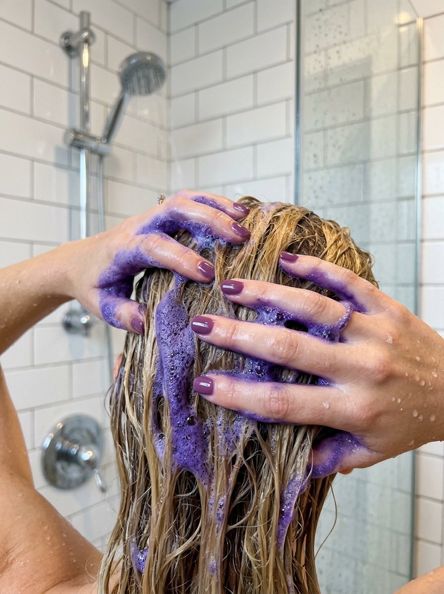 Close-up of hands with matching purple nail polish massaging violet hair cleanser into wet blonde locks.