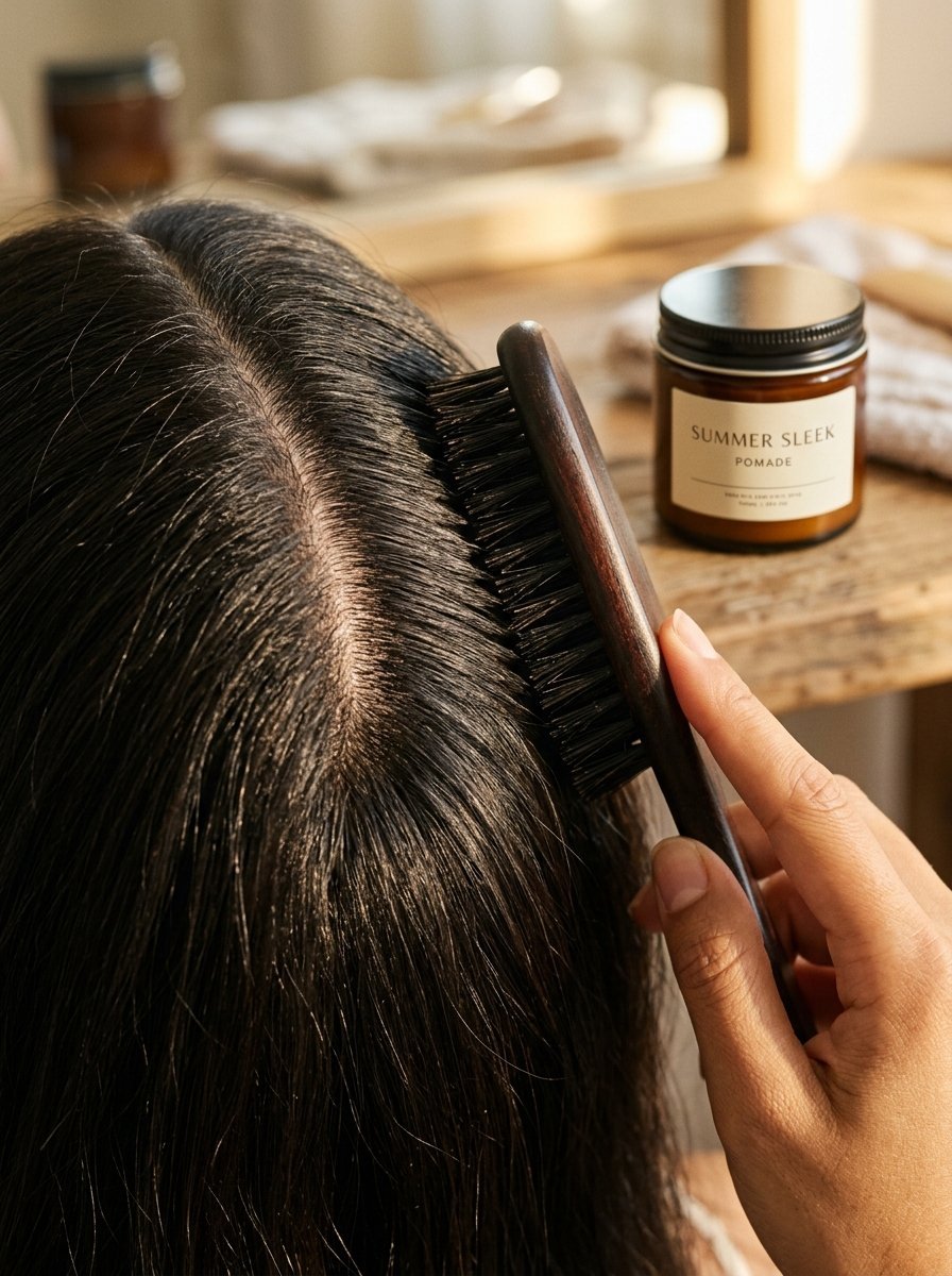 Close-up of a hand brushing dark hair near a jar of Summer Sleek pomade on a wooden table.