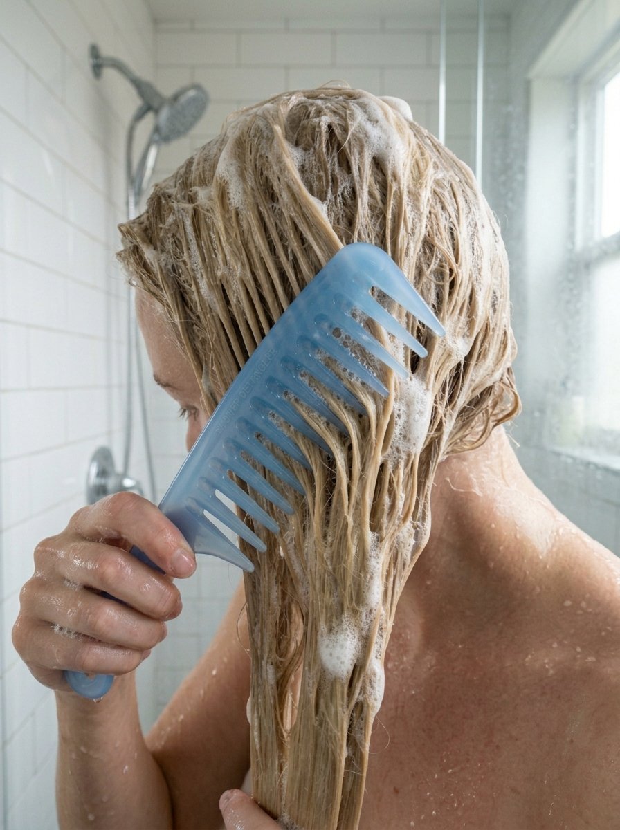 Close-up of a person detangling sudsy, wet hair with a blue shower comb.