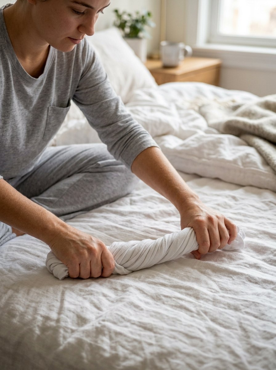 Close-up of hands rolling a white cotton t-shirt neatly on a white linen bedspread.