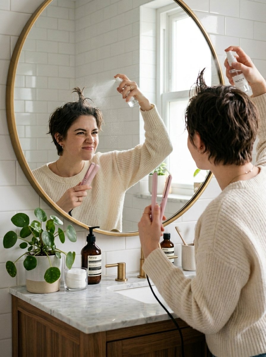 Short-haired person in a cream sweater styling hair in a circular mirror with a flat iron and spritzing hairspray.