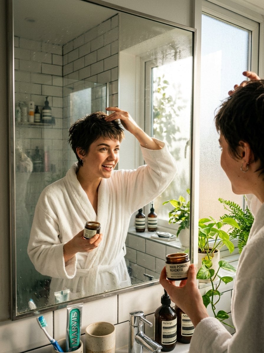 A woman in a white bathrobe styling her short hair while holding a jar of hair pomade in front of a mirror.