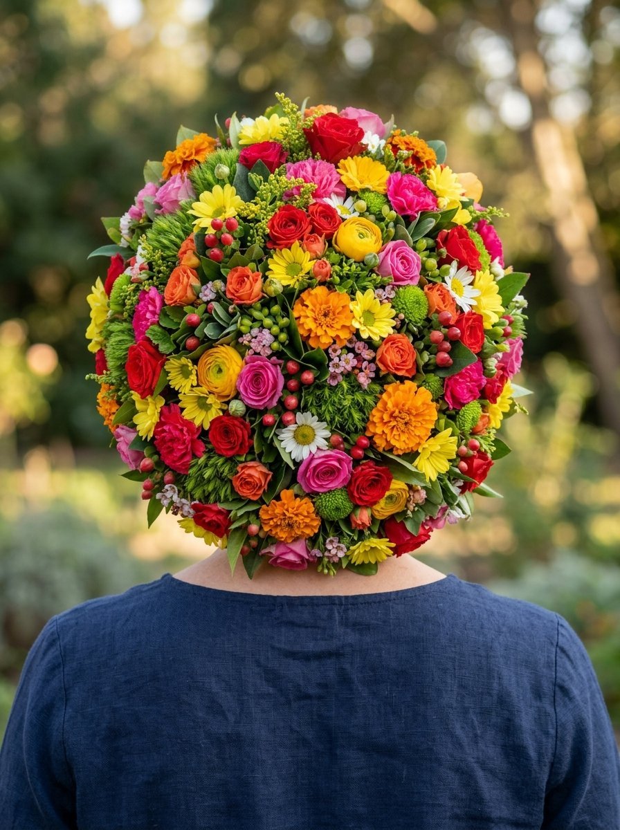 A person in a blue shirt with a large, round arrangement of colorful mixed flowers resting on their head.